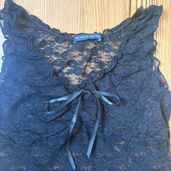 Brandy Melville black lace sheer babydoll ribbon bow tank SIZE OS - Picture 2 of 6
